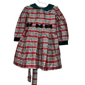 Strasburg red green Plaid Kids Dress with Bows 100% silk taffeta sz 3 holiday